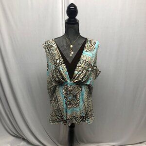 Cocomo Top Womens 1X Layered V Neck Sleeveless Stretchy Blue Brown Layering